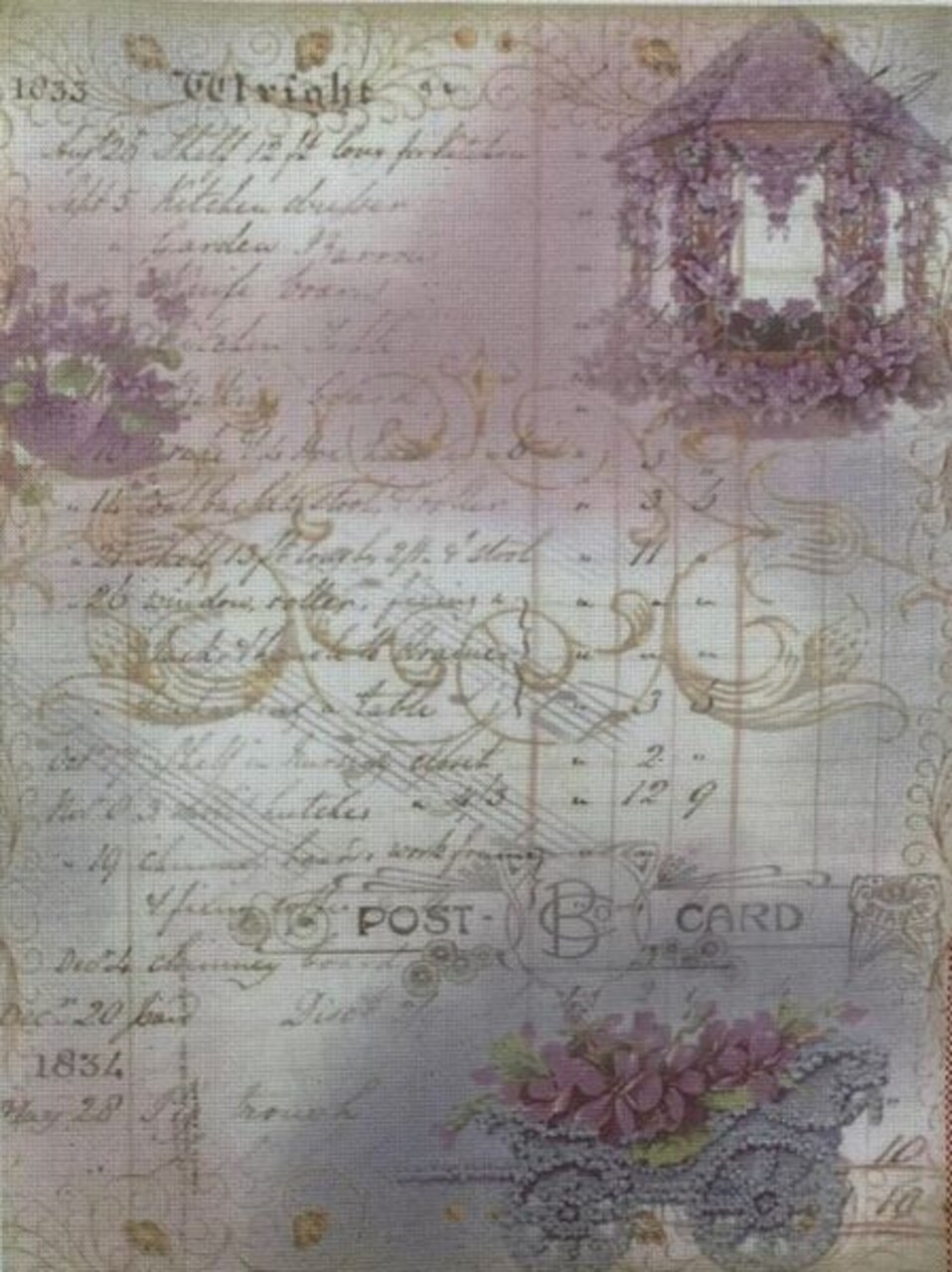 Postcard Memories Designer Printed AIDA Fabric. Canvas for embroidery with an applied background KF-1358A